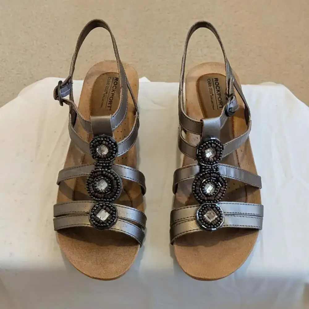 Rockport Cobb Hill Hannah-CH Pewter Beaded Wedge Sandals Size 9M